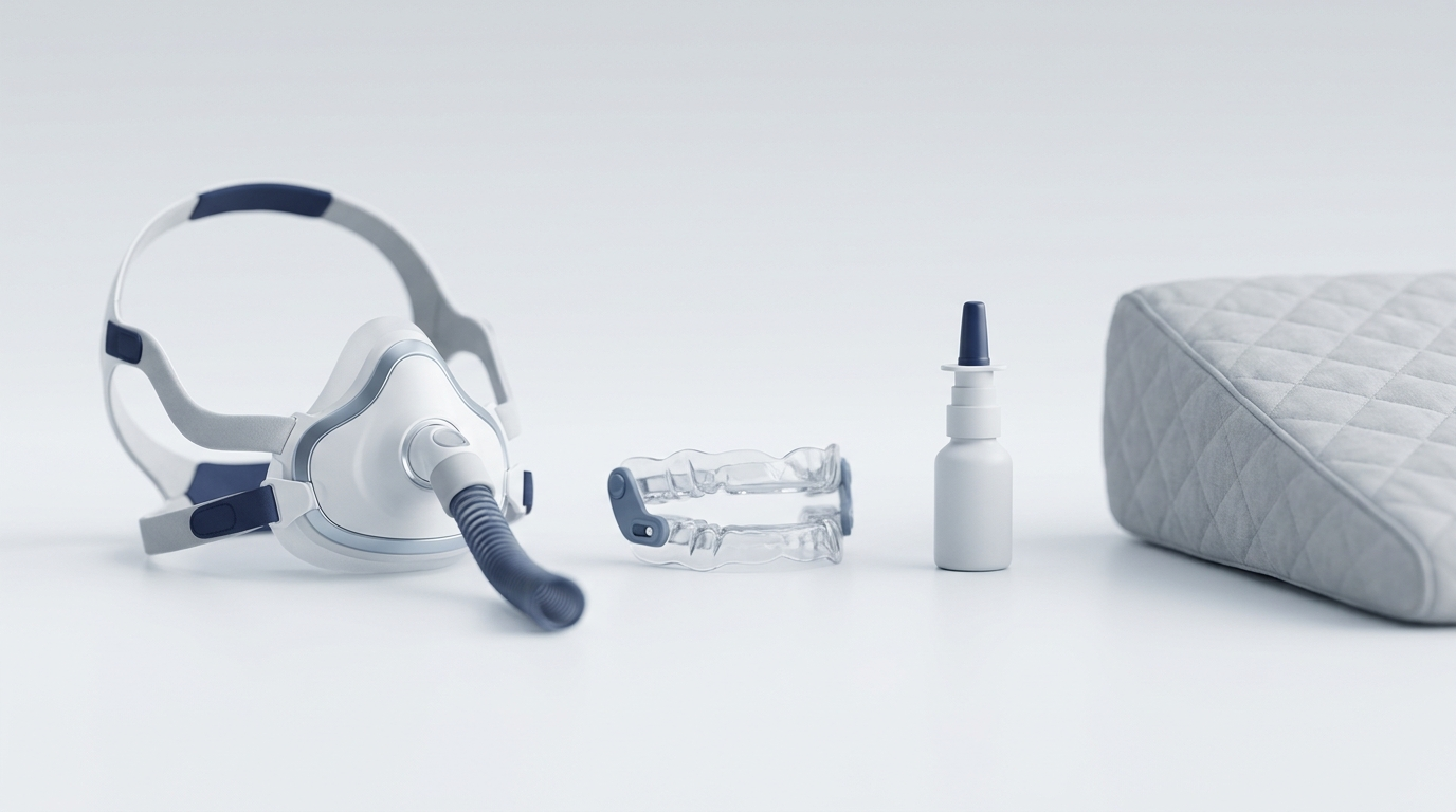 Treatment lineup showing CPAP nasal mask, oral appliance, nasal spray, and side-sleeping wedge