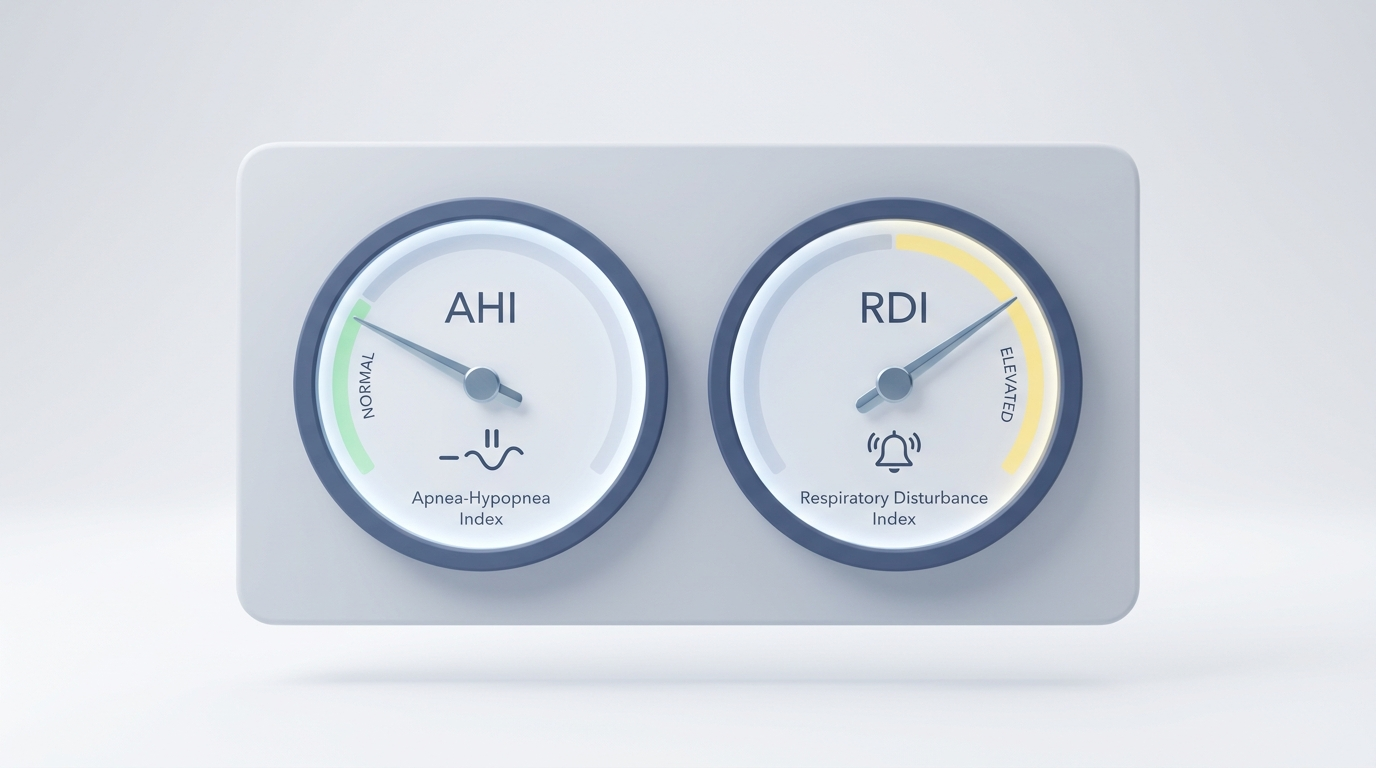 Minimalist gauges showing low AHI and higher RDI to illustrate why a normal AHI can miss arousals
