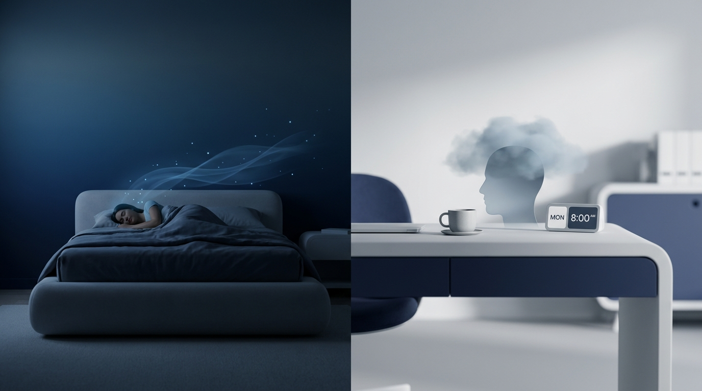 Split scene of sleep at night with micro-arousals and daytime brain fog with coffee and clock