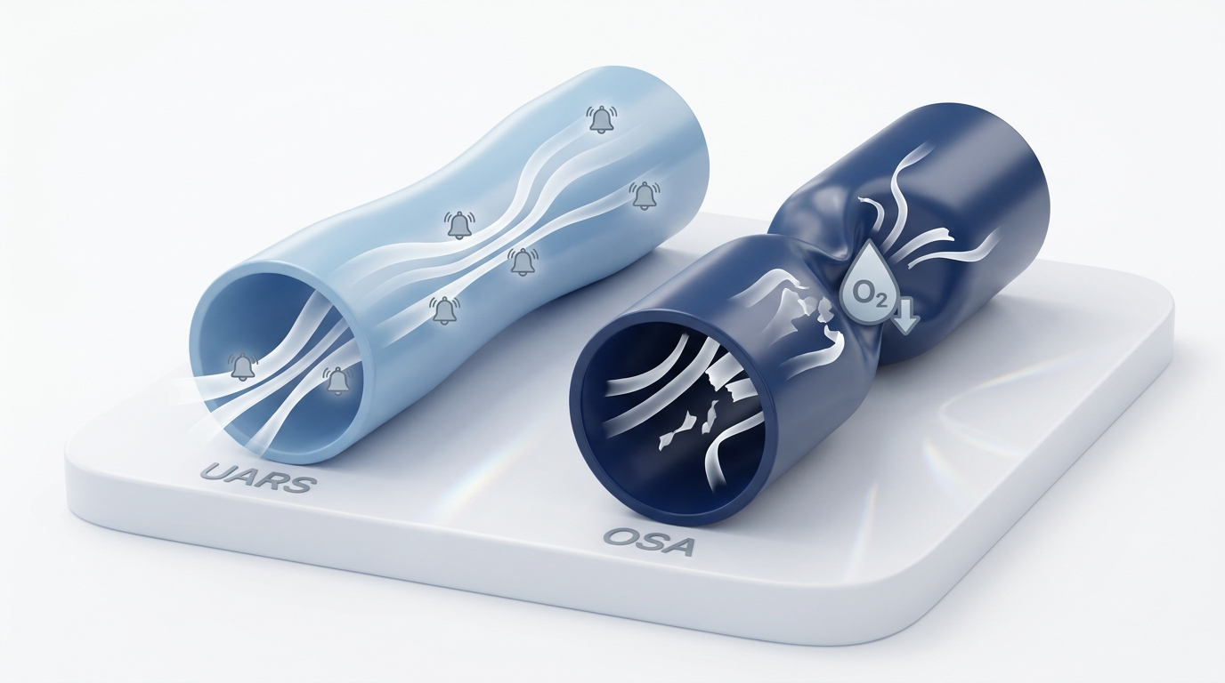 Side-by-side tubes comparing UARS narrowing vs OSA collapse, airflow ribbons and O2 icon