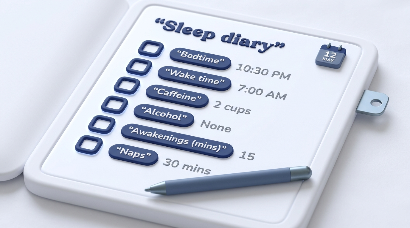 Sleep diary with simple checkboxes for bedtime, wake time, caffeine, alcohol, awakenings, and naps