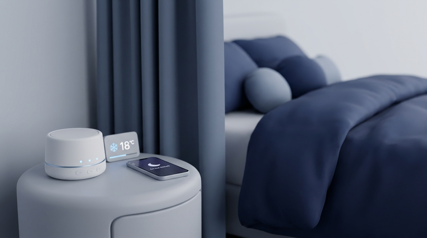 Bedroom vignette with blackout curtain, white noise device, cool thermostat, and phone on Do Not Disturb