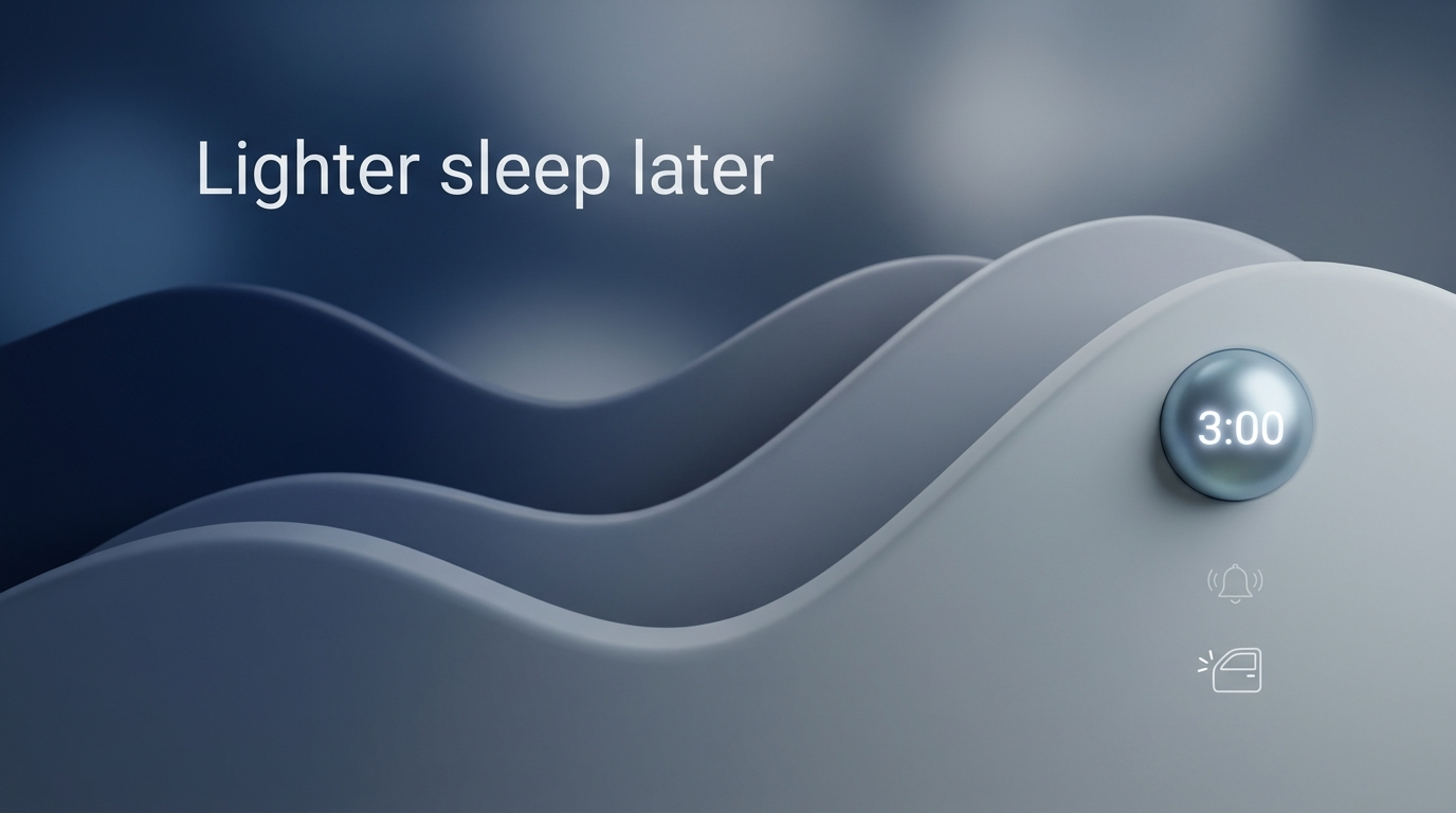 Lighter sleep later visualized as layered wave with a subtle 3:00 orb