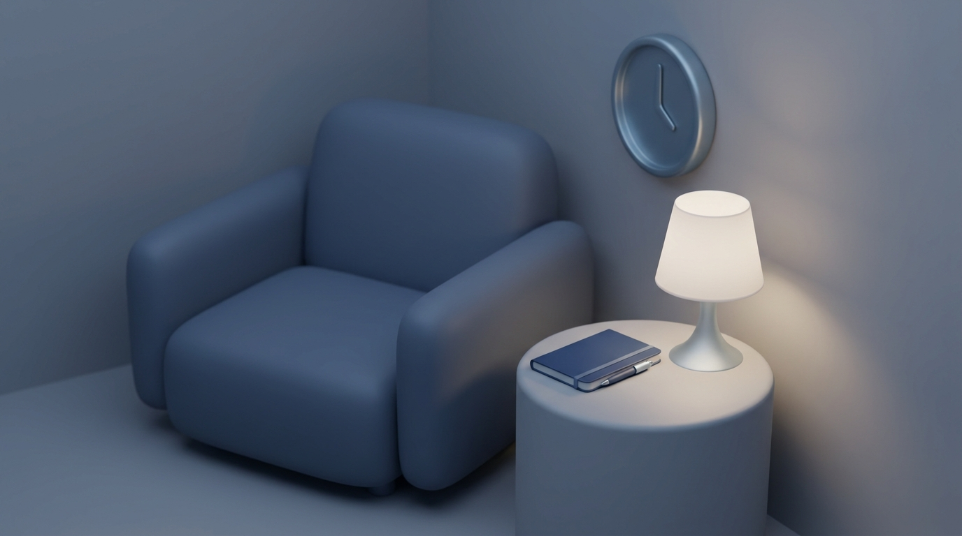 Serene corner with lounge chair, dim lamp, and a clock turned away for in-the-moment calming