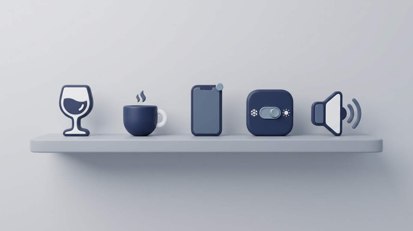 Row of minimal 3D icons for common triggers: wine, espresso, phone notification, thermostat, and noise
