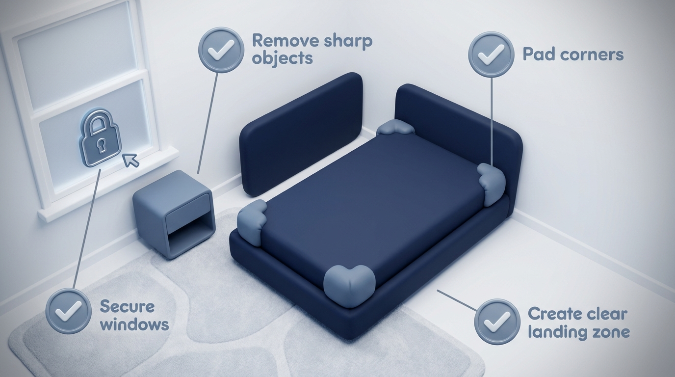 Safety-first bedroom checklist: remove sharp objects, pad corners, secure windows, create a clear landing zone.