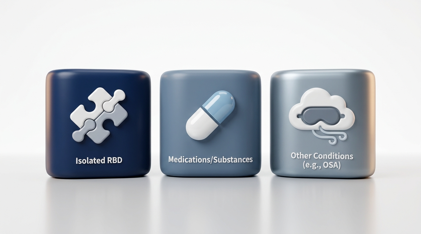 Three polished 3D blocks labeled: Isolated RBD, Medications/Substances, Other Conditions (e.g., OSA).