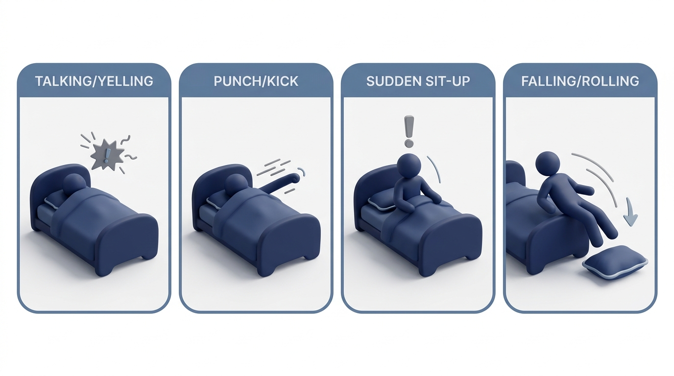 Common RBD symptoms shown as four minimal vignettes: talking/yelling, punching/kicking, sudden sit-up, and falling/rolling.