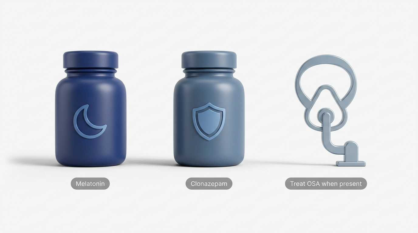 Treatment overview: melatonin bottle, clonazepam bottle, and a CPAP mask icon with neutral labels.