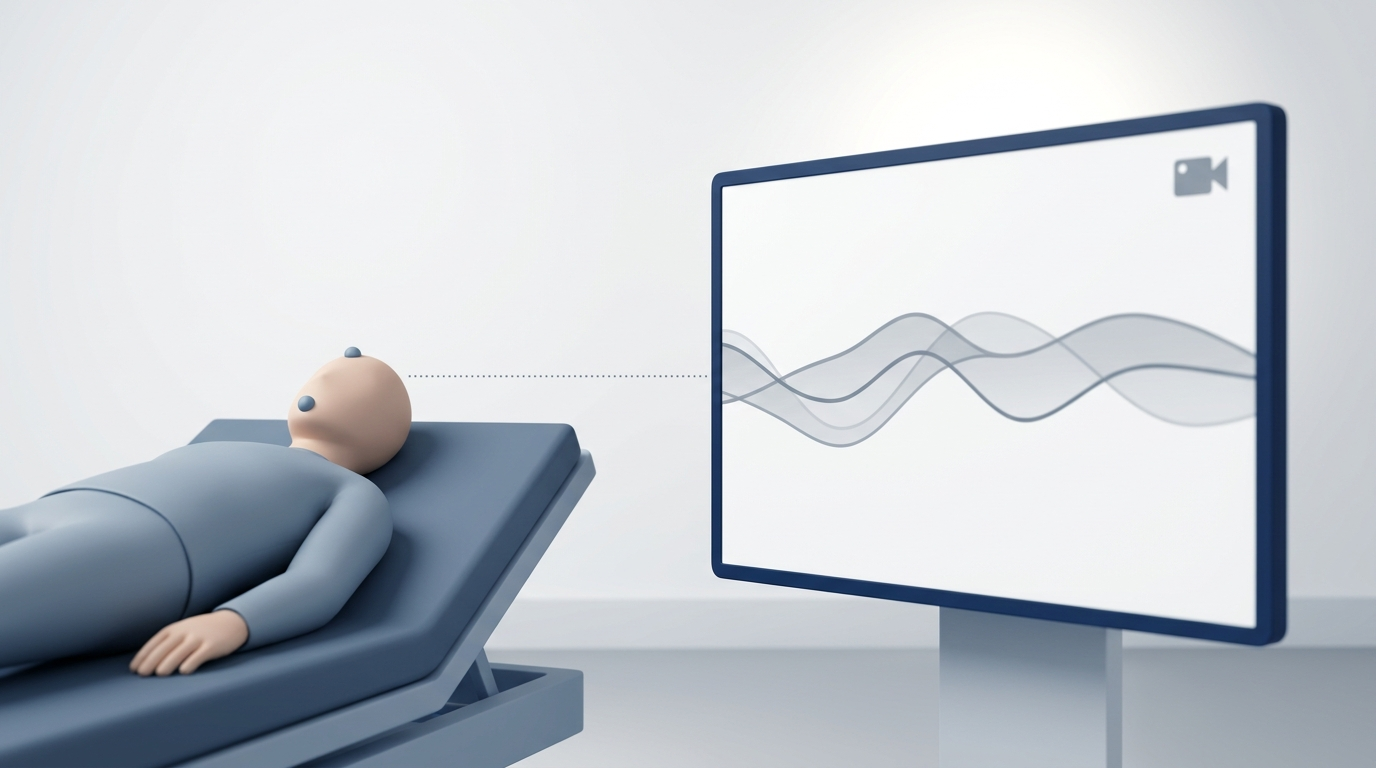 Diagnosis via video polysomnography: sleeper with sensors connected by dotted line to a monitor showing wave lines and a camera glyph.