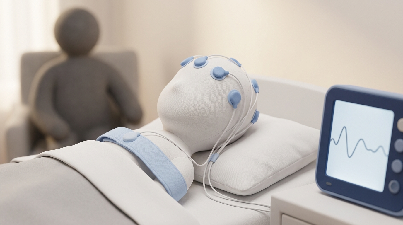 Child in bed with simple sleep-study sensors and a parent silhouette; small monitor showing a calm waveform.