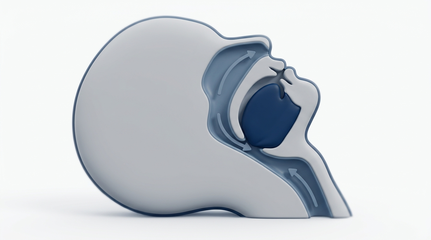 Stylized cross-section headform showing airway path versus obstructions (tongue, tonsils/adenoids) with airflow arrows.