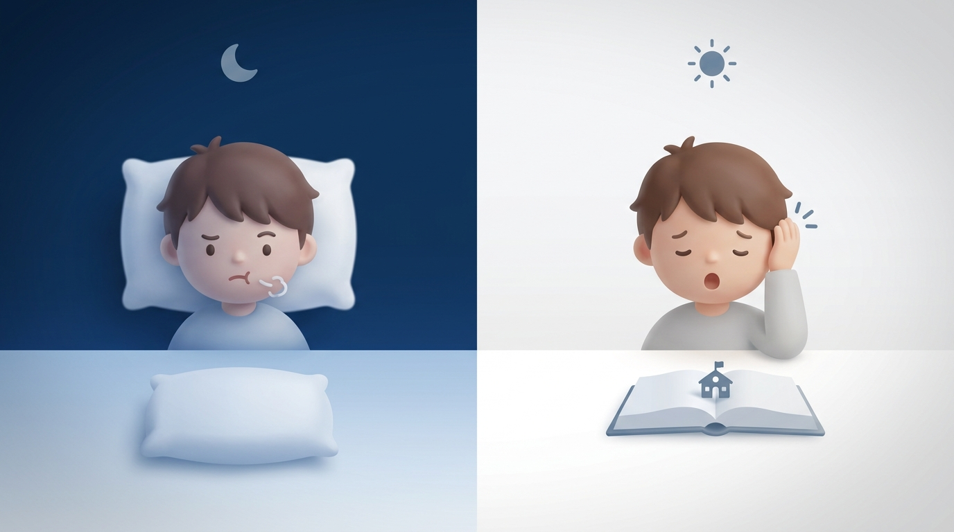 Split scene of child at night and day showing mouth-breathing, restlessness, and daytime focus or headache cues.