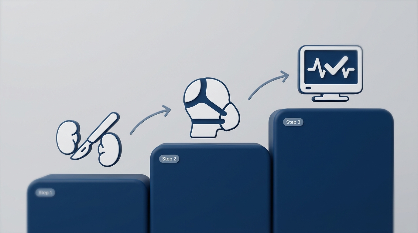 Three-step treatment pathway: adenotonsillectomy, CPAP mask, and follow-up sleep study icons on ascending blocks.