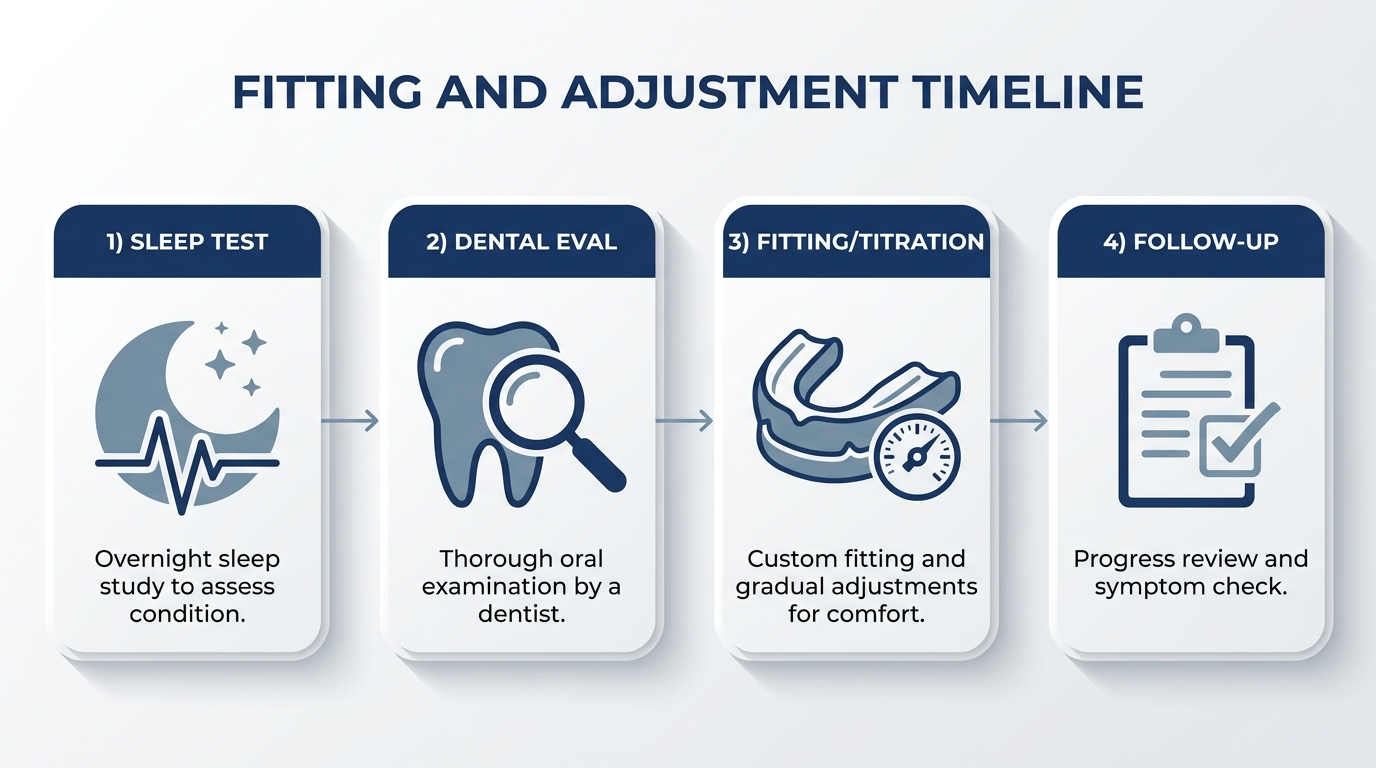 Timeline of sleep test, dental eval, fitting, and follow-up steps