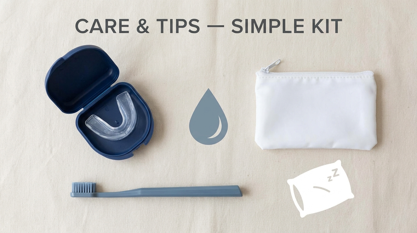 Care kit with case, brush, water, travel pouch, and pillow icon
