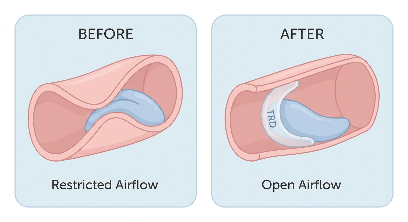 How a TRD opens the airway: before/after cross-section with hose-like airway shapes