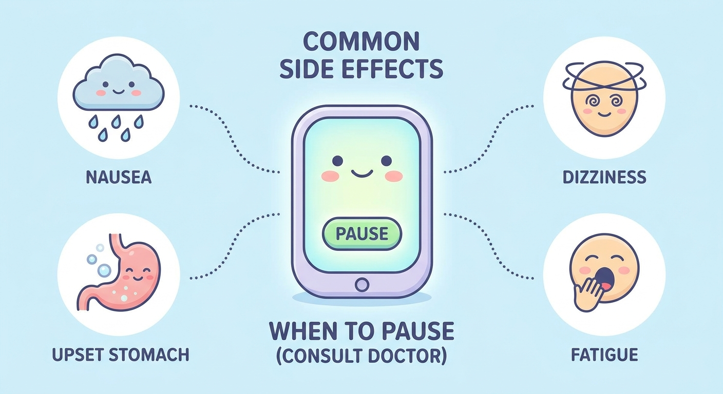 Common side effects and when to pause: friendly icons around a device