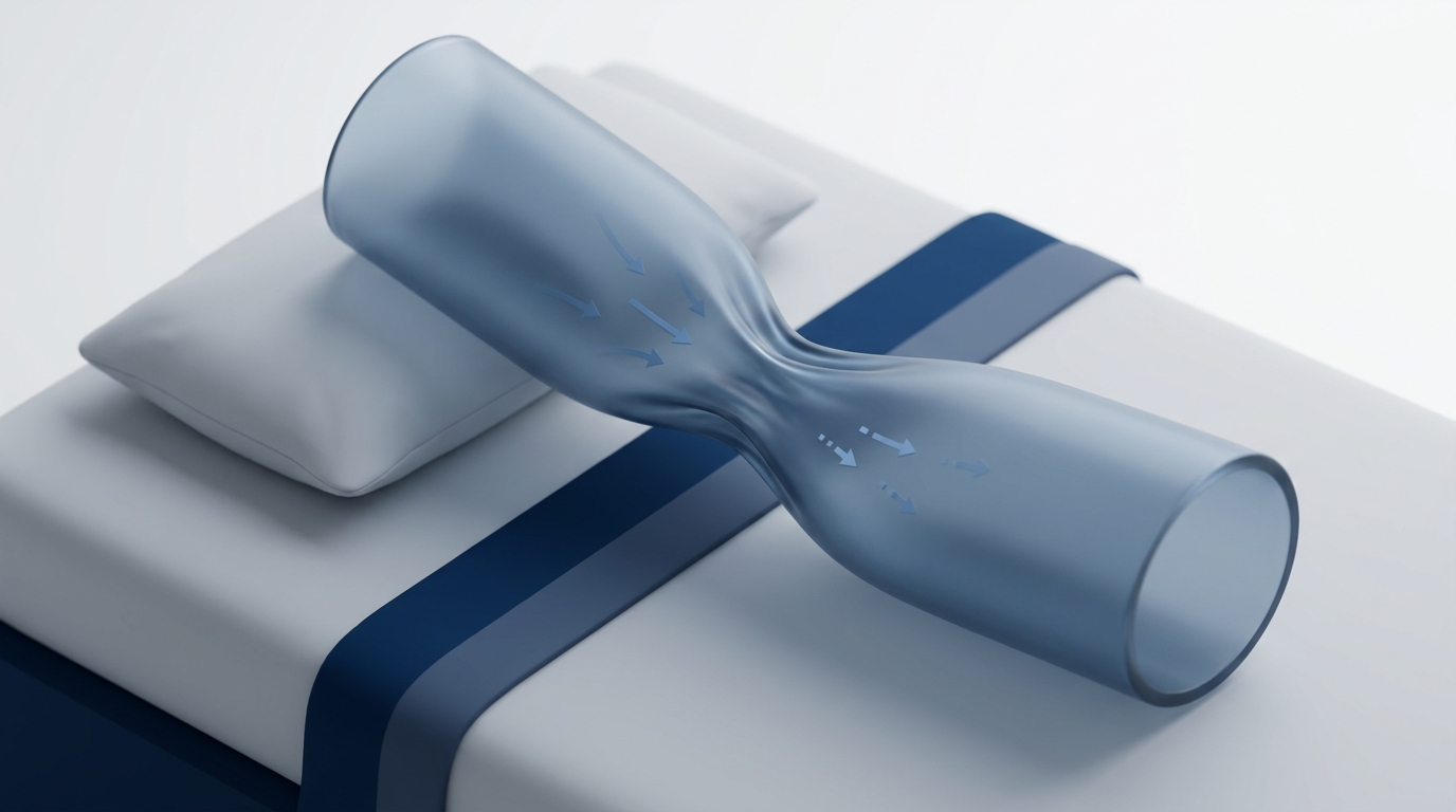 Flexible straw analogy illustrating what OSA is, showing a slightly collapsed translucent tube over a pillow with airflow arrows