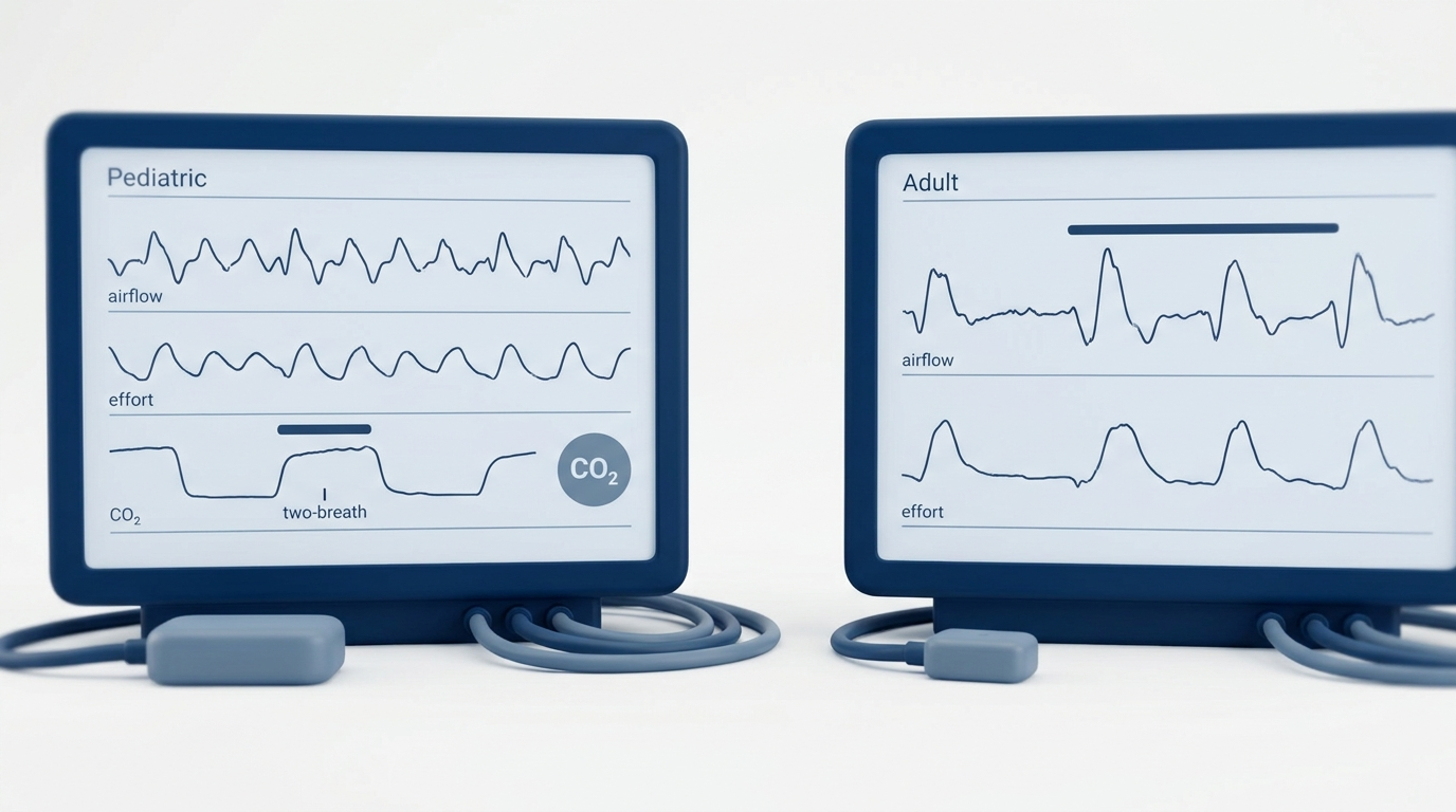 Side-by-side sleep-lab monitors showing pediatric scoring differences and CO2 tracking vs adult setup