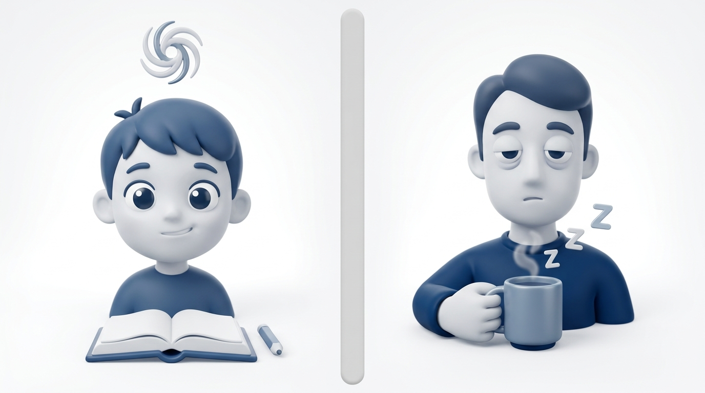 Two-panel: child appearing wired vs adult sleepy with coffee, illustrating symptom differences