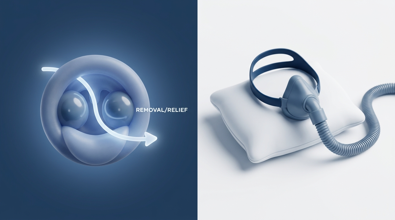 Split visual: enlarged tonsils removal on left and CPAP nasal mask on right, showing treatment paths