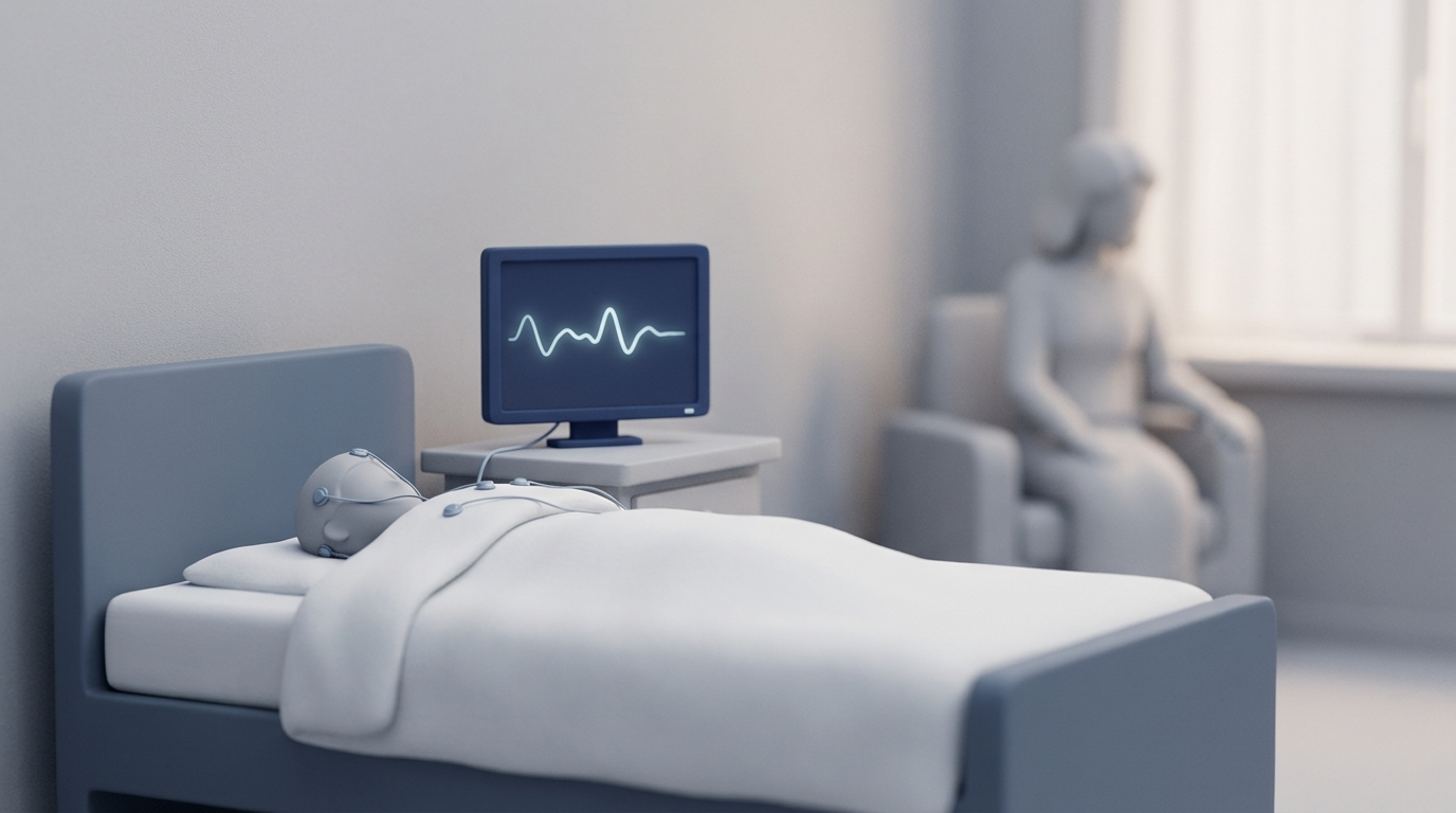 Pediatric sleep study scene with child, parent, and monitoring equipment.