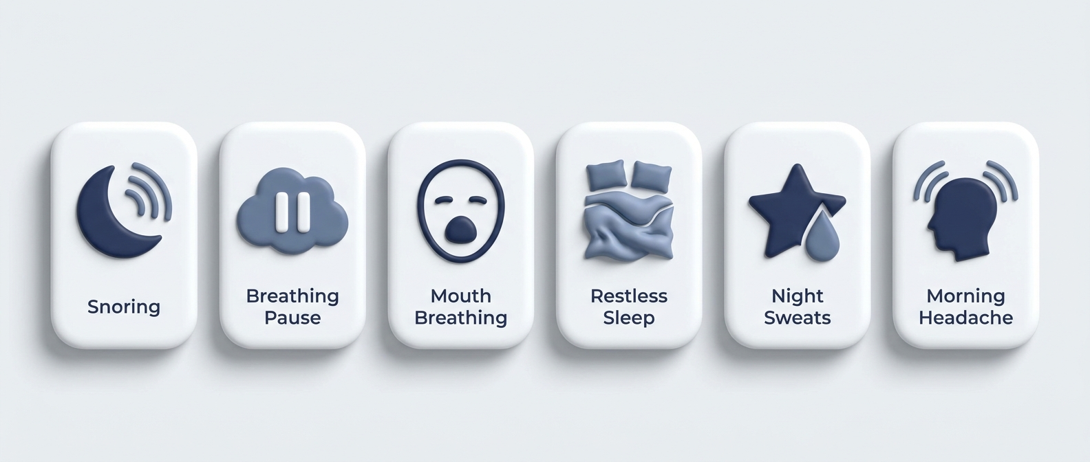 Symptoms at a glance icons for pediatric OSA: snoring, breathing pause, mouth breathing, restless sleep, night sweats, morning headache.