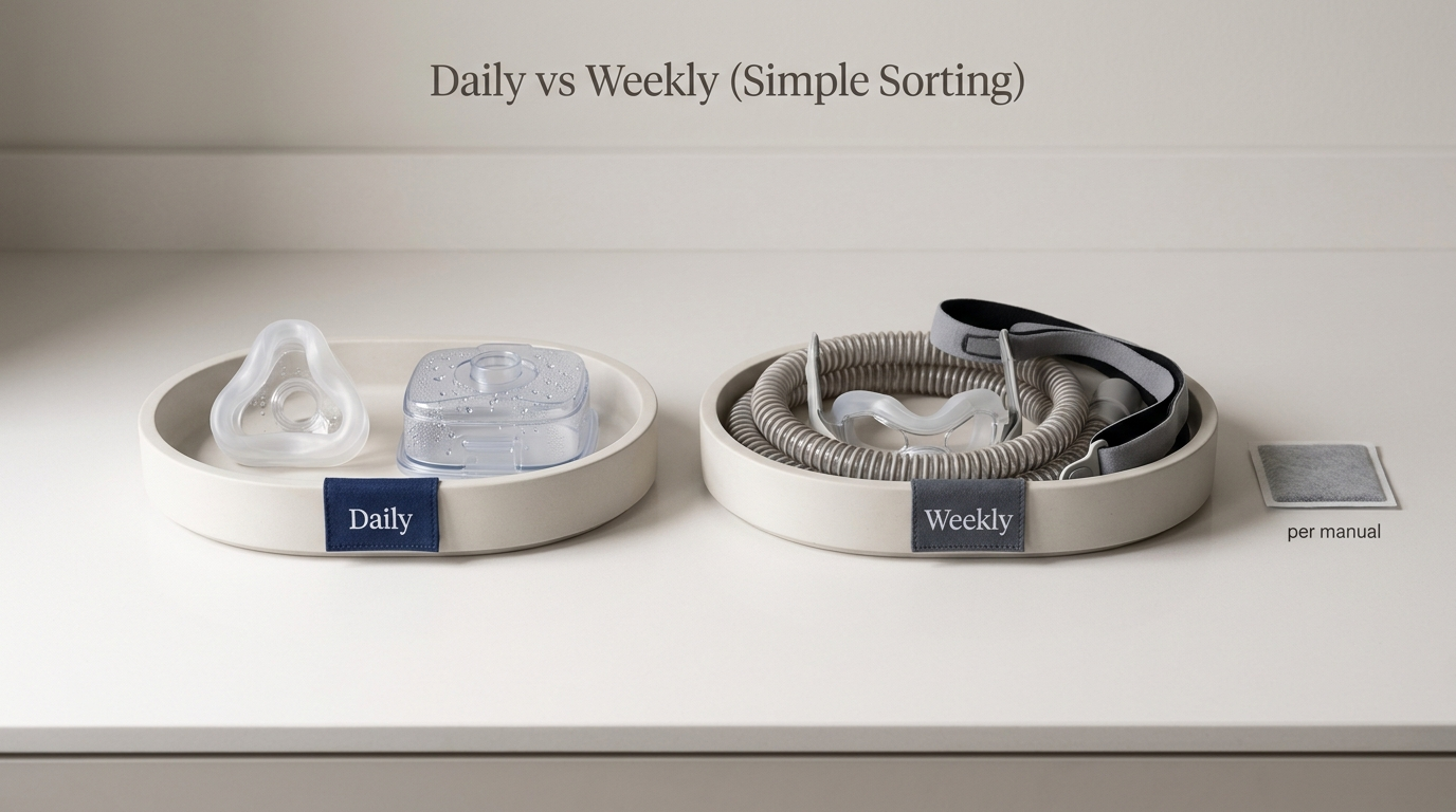 Two trays labeled Daily and Weekly with CPAP parts sorted; small filter chip labeled per manual. Title: Daily vs Weekly.