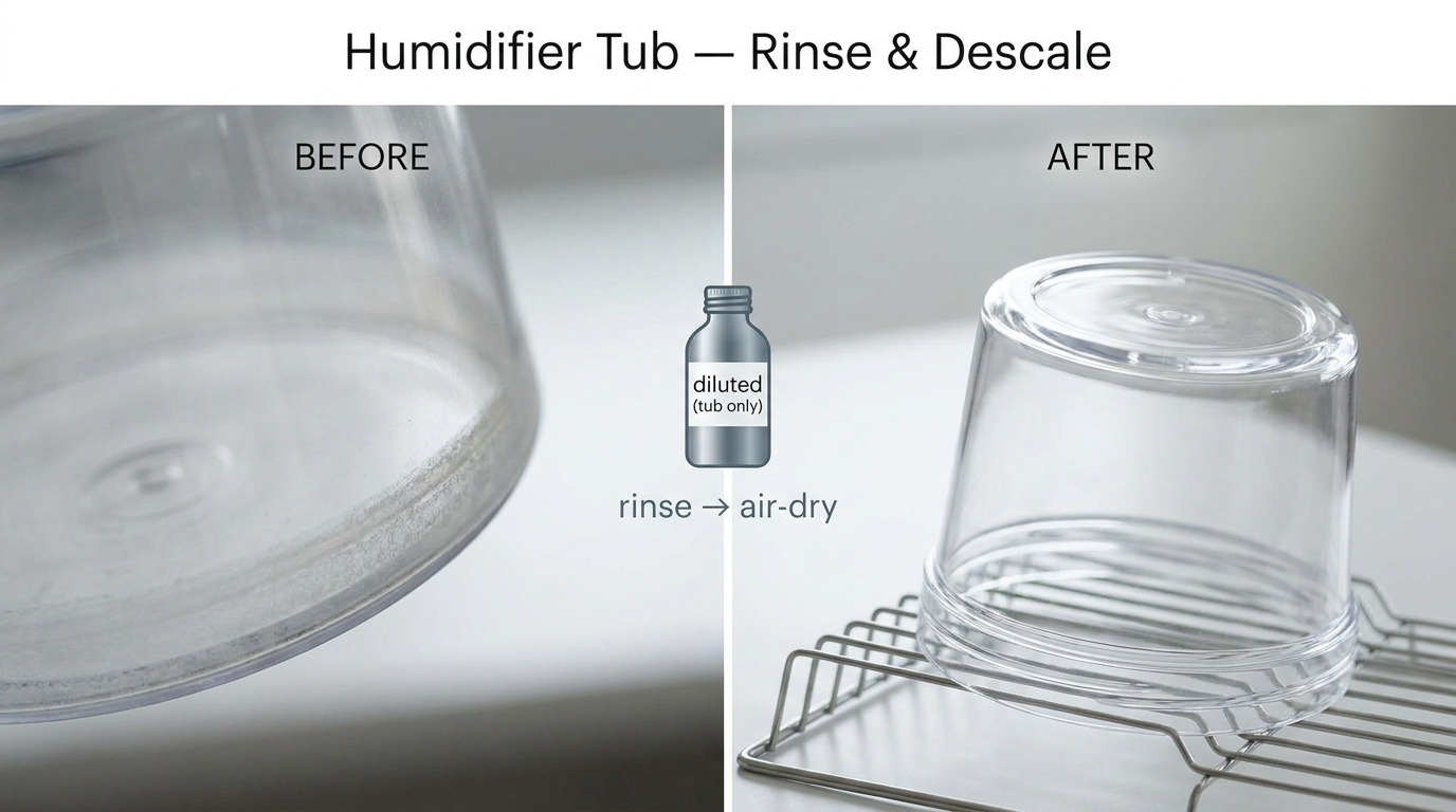 Before/after humidifier tub with diluted vinegar icon for descaling; arrow shows rinse and air-dry. Title: Humidifier Tub—Rinse & Descale.