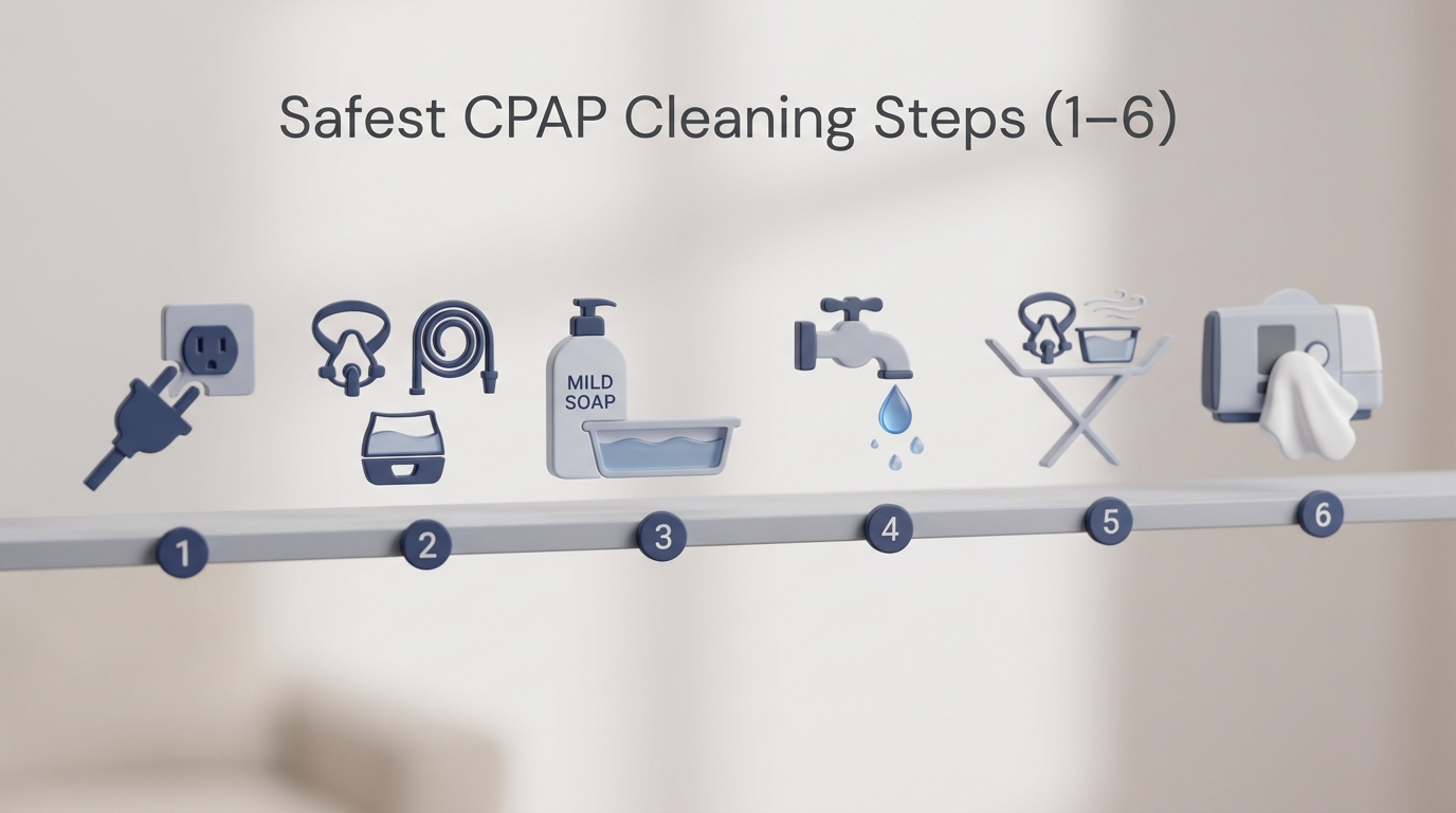 Six minimal icons showing steps: unplug, disassemble, wash, rinse, air-dry, wipe exterior. Title: Safest CPAP Cleaning Steps (1–6).