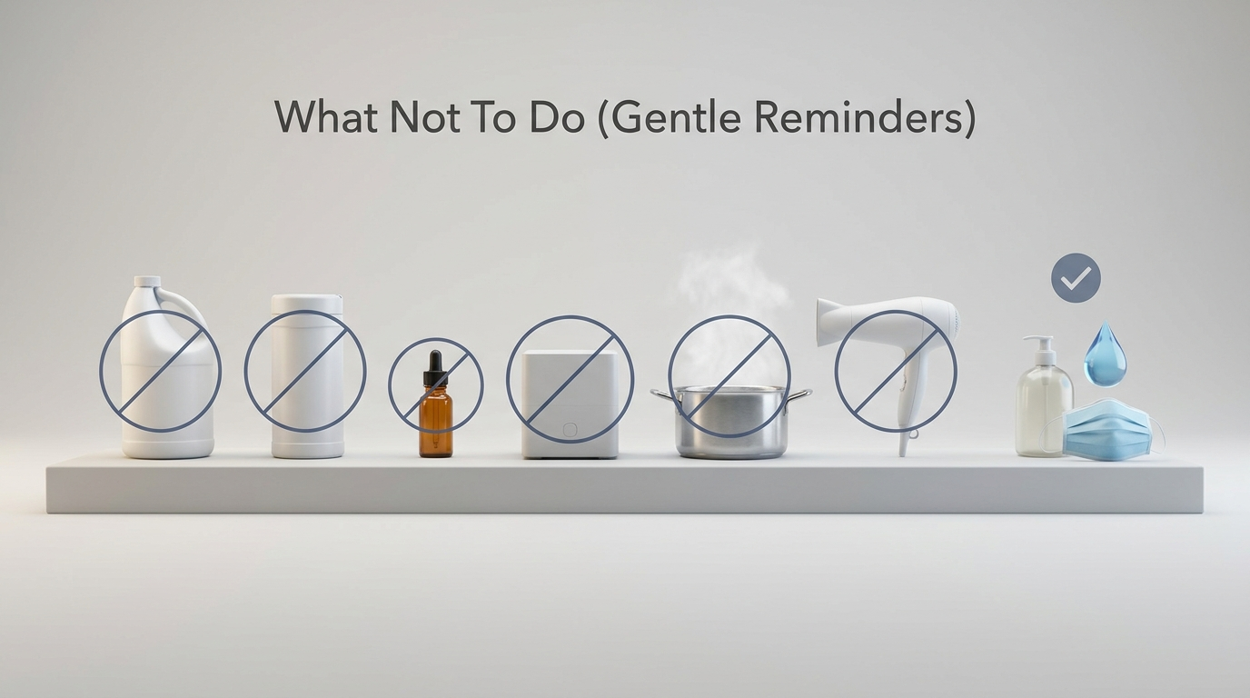 Lineup of no-go items (bleach, alcohol, oils, UV/ozone, boiling, hair dryer) with circle-slash; approved: mild soap + water + mask with check. Title: What Not To Do.