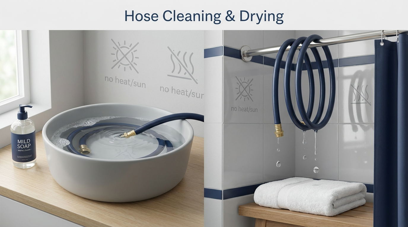 Hose swished in mild soapy water; then hanging to dry with no heat/sun icons. Title: Hose Cleaning & Drying.