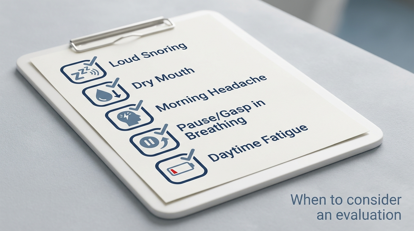 Clipboard with checkboxes and icons for snoring symptoms and red flags