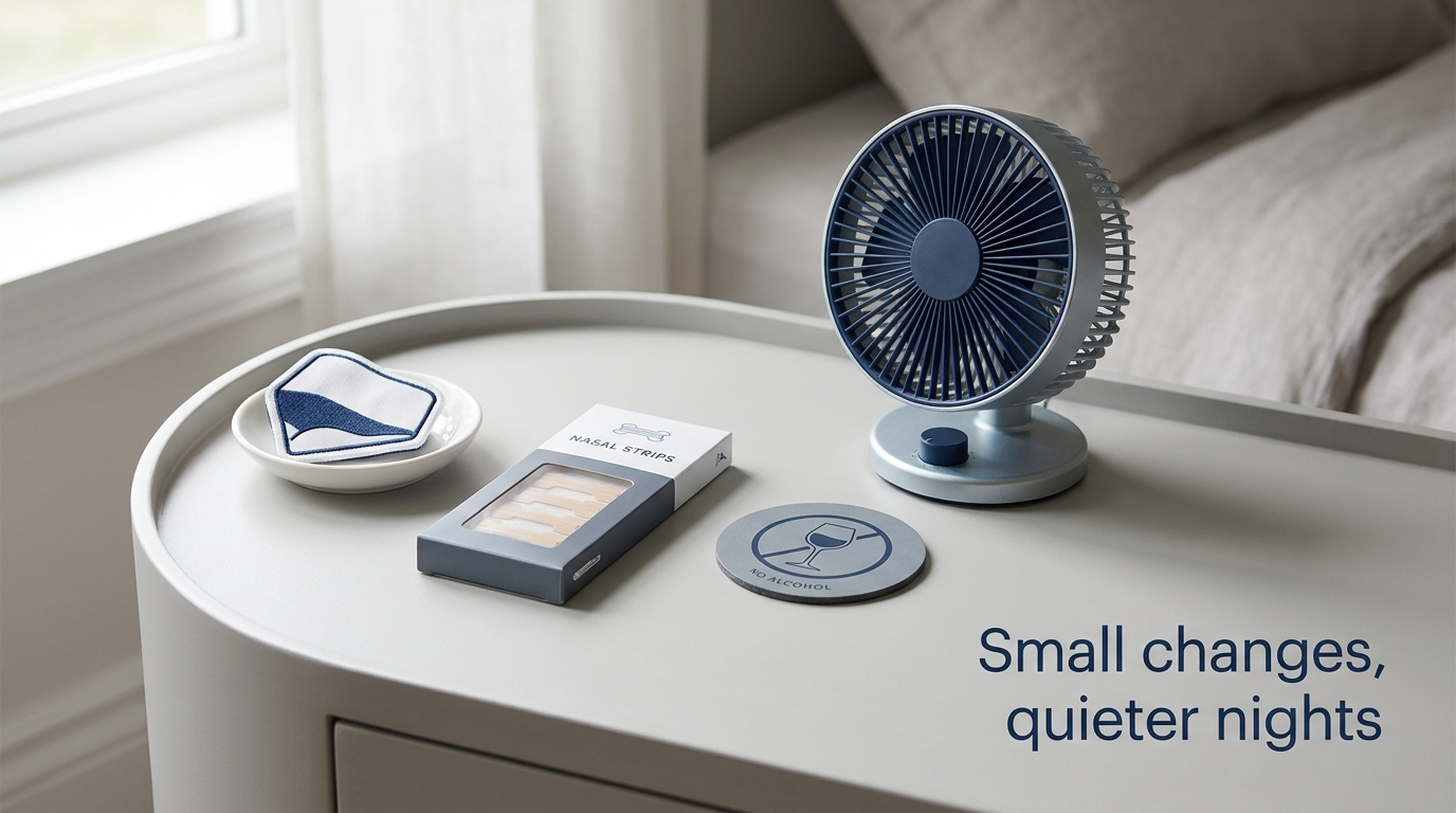 Nightstand scene with simple objects: side-sleeping wedge, nasal strips, no-alcohol icon, small fan