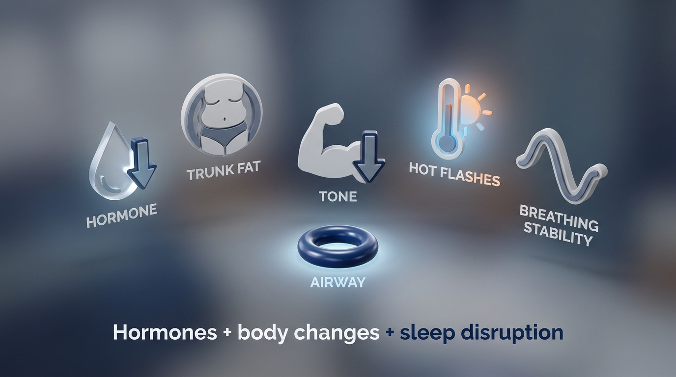 Icon cluster showing hormones, trunk fat, muscle tone, hot flashes, and breathing stability forming a perfect storm around an airway ring