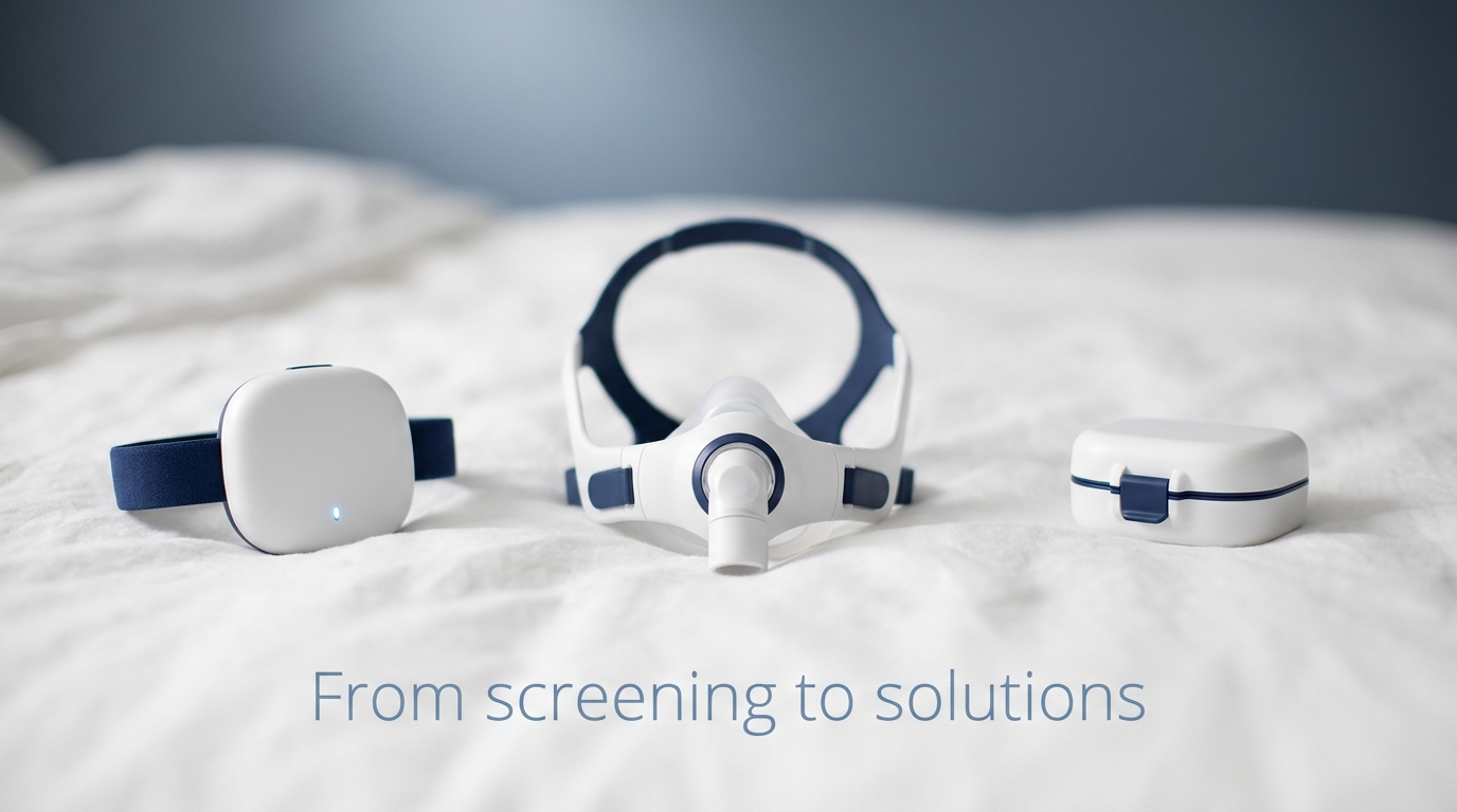 Testing and treatment pathway objects: home sleep test, CPAP mask, oral appliance
