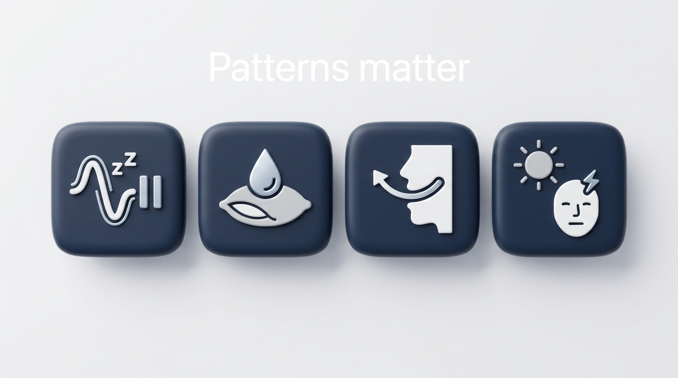 Four simple tiles showing snoring with pause, night sweats, mouth breathing, and daytime mood or attention changes
