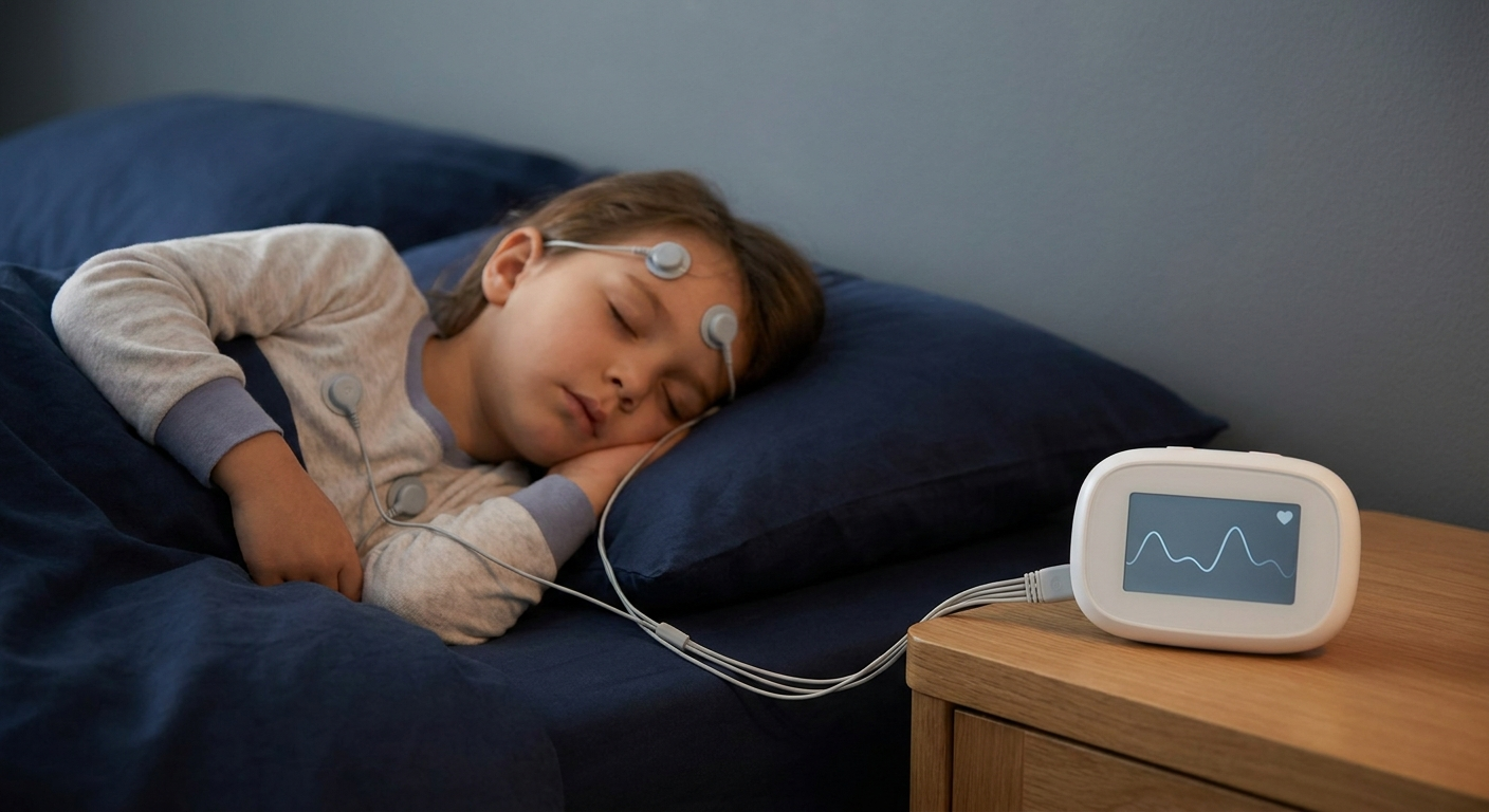 Child peacefully sleeping with a few small sensors attached and a calm monitor waveform