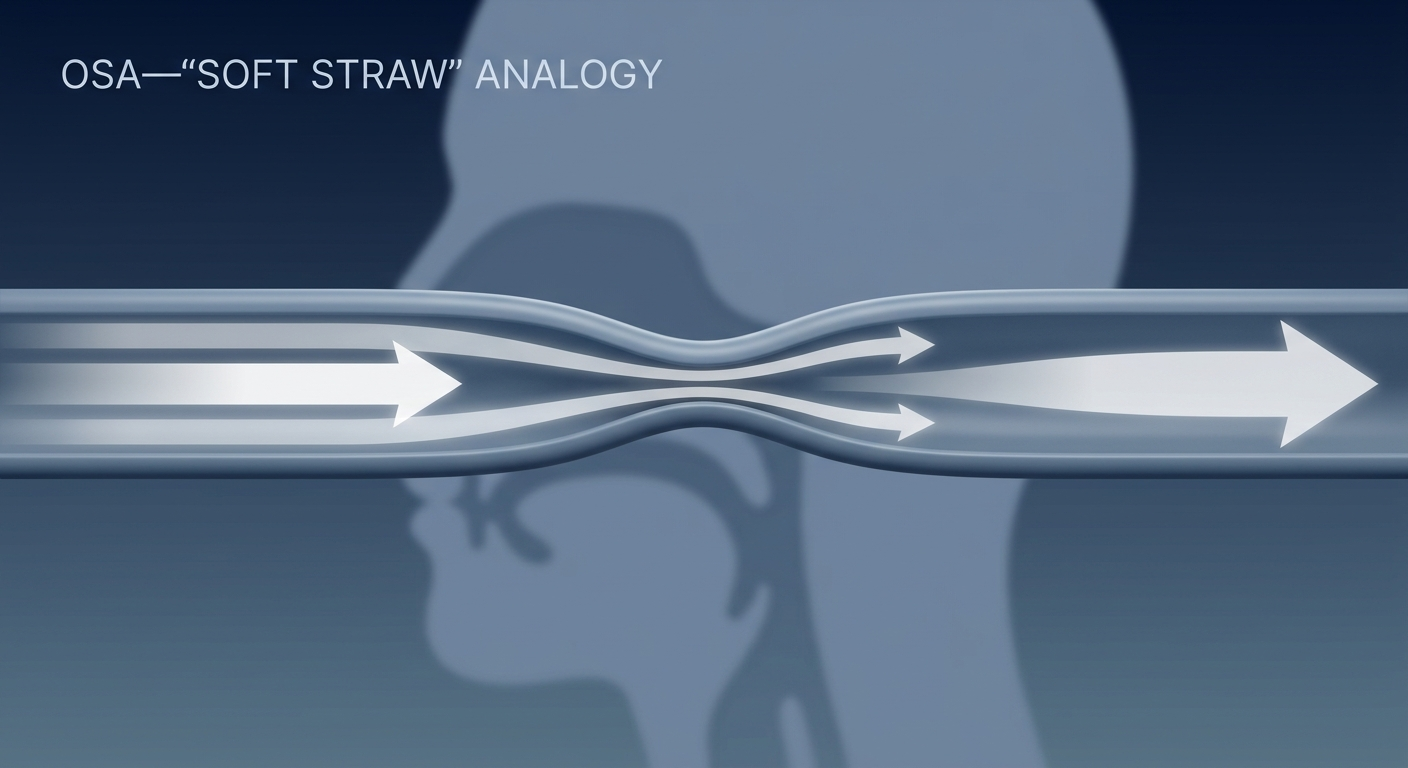 Soft straw analogy showing a flexible straw gently pinched with narrowed airflow arrows