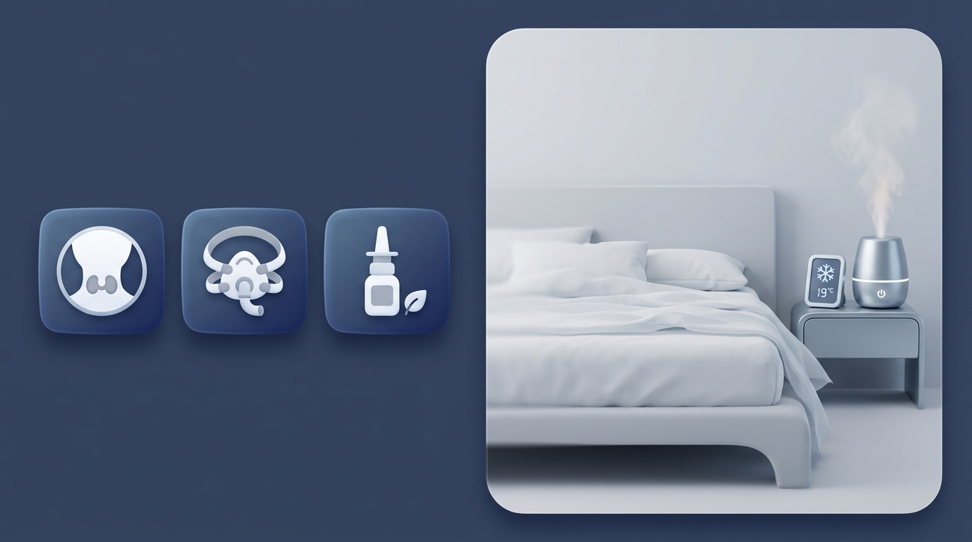Treatment and lifestyle support icons beside a cool, breathable bedroom setup