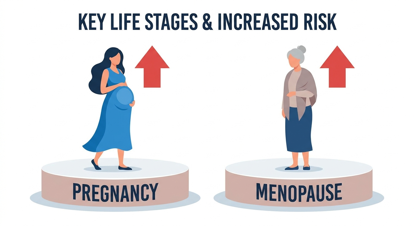Key life stages: pregnancy and menopause increase risk