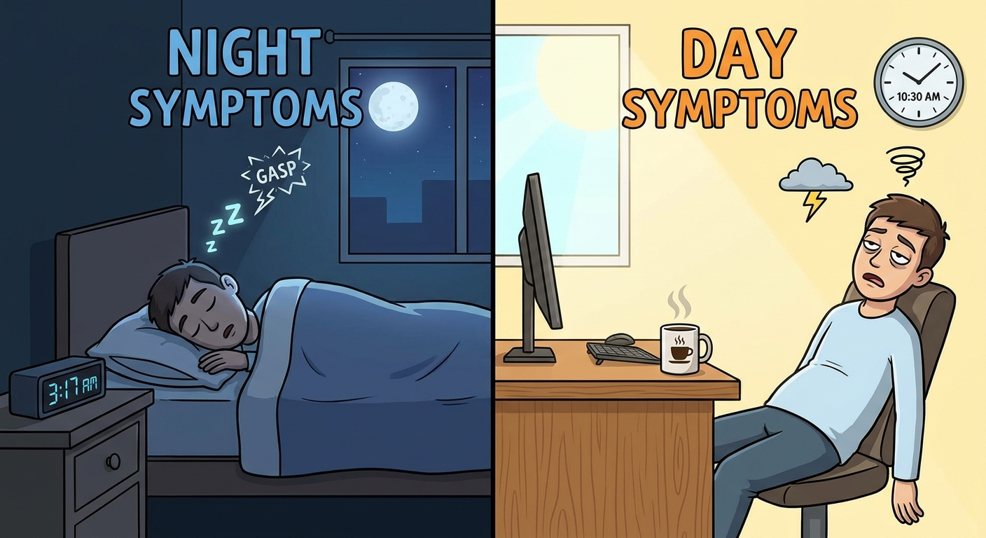 Night vs Day symptoms: nighttime snoring/gasping vs daytime fatigue and headaches