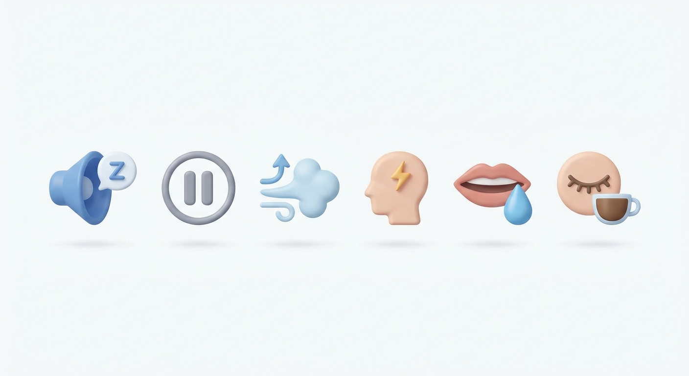Row of icons for symptoms: loud snoring, breathing pauses, gasping, morning headache, dry mouth, daytime sleepiness
