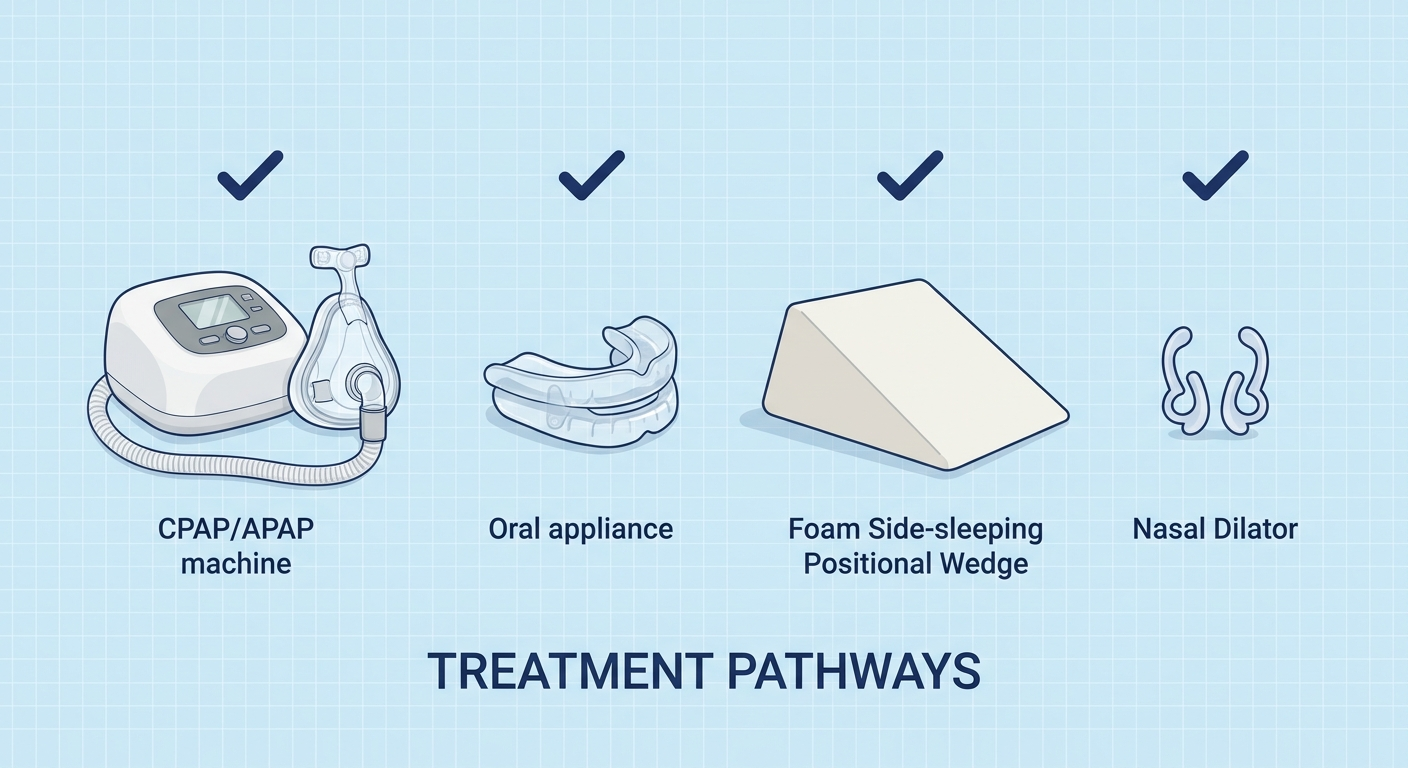 Validated OSA treatments: CPAP or APAP, oral appliance, positional wedge, nasal dilator