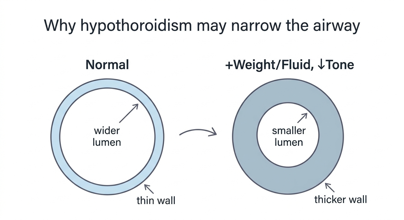 Airway cross-sections showing normal vs narrowed lumen from weight or fluid and reduced tone