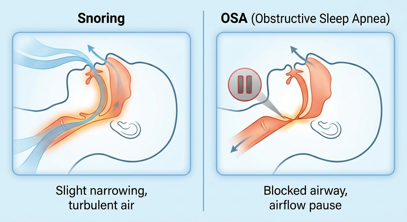 Snoring versus OSA side-by-side: smooth airflow for snoring, pinched airway and pause icon for OSA