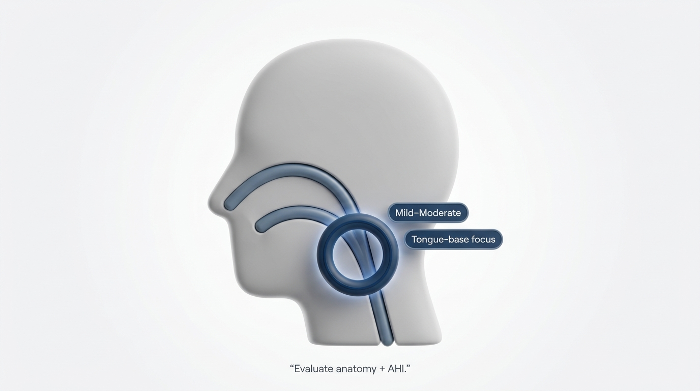 Silhouette head with airway and tongue-base highlight badges for candidacy