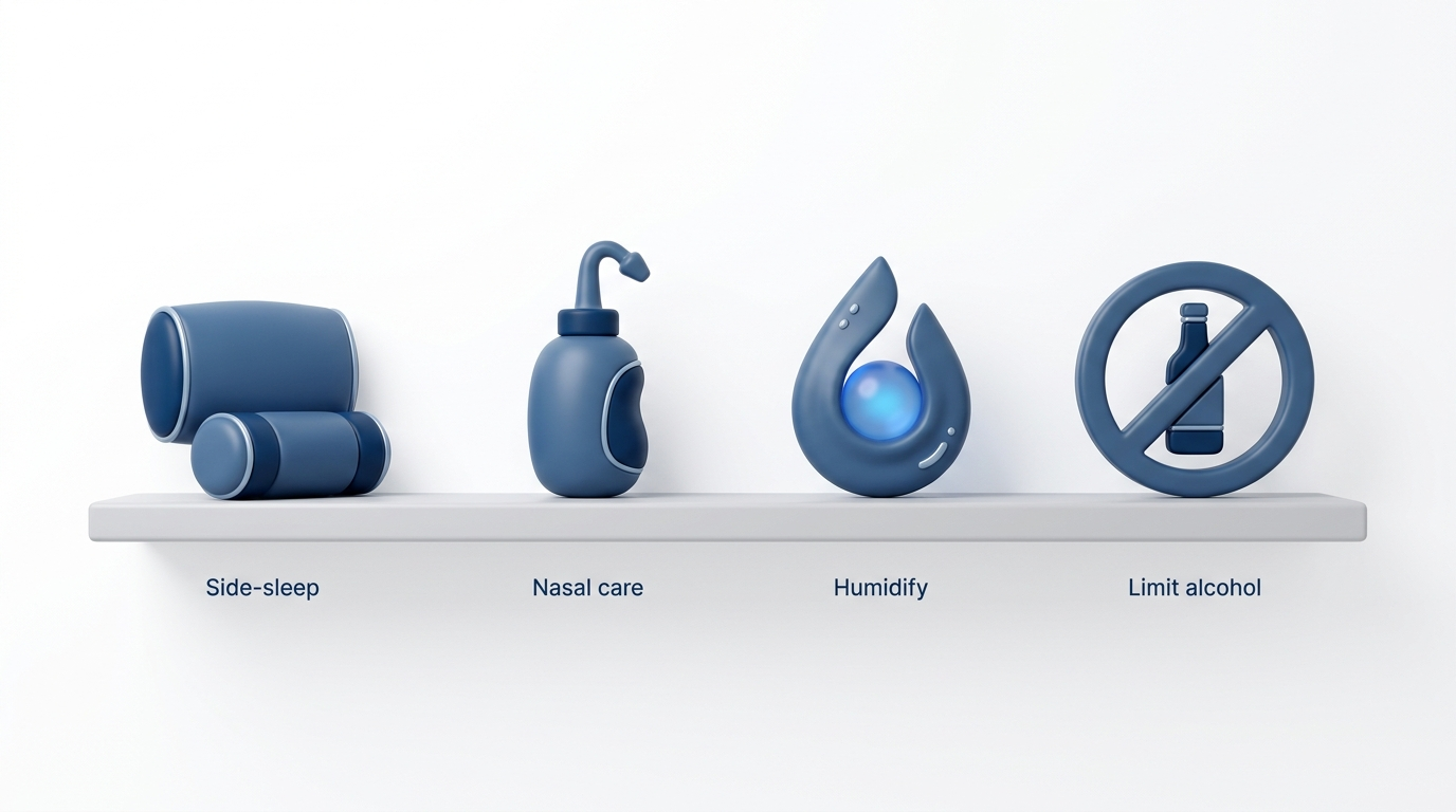 Lifestyle tips icons: side-sleep, nasal care, humidify, limit alcohol