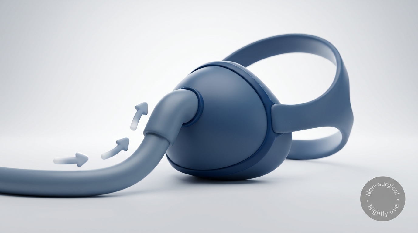 Stylized CPAP mask and hose with gentle airflow arrows